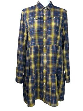 The Shirt Rochelle Behrens Tiered Dress M Pearl Snap Plaid Fall Coastal Cowgirl